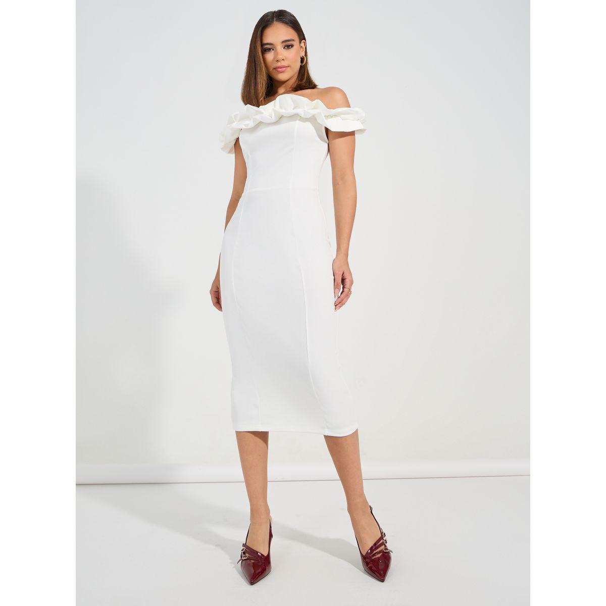 Styli Ruffled Off Shoulder Neck Sheath Midi Dress-women-clothing-dresses-image-1