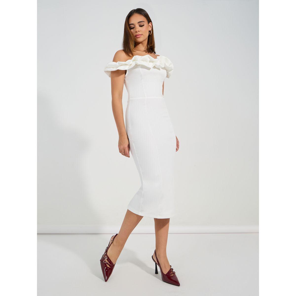 Styli Ruffled Off Shoulder Neck Sheath Midi Dress-women-clothing-dresses-image-5
