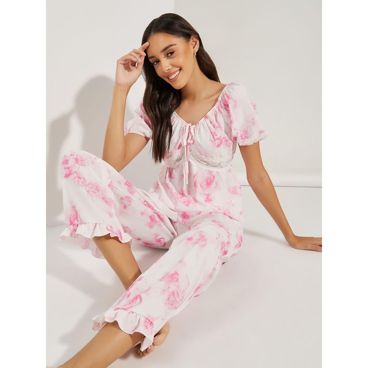 Styli Unwind Rosey Floral Lace Insert Gather Detail Top & Pyjama Set-women-clothing-nightwear-pyjamas-longsets-image-1