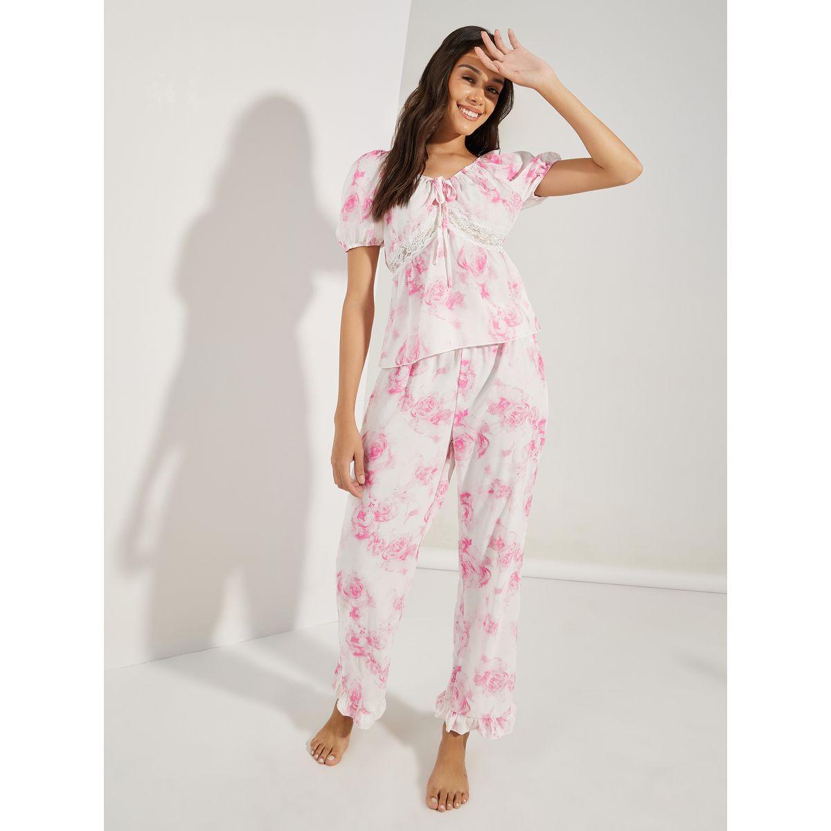 Styli Unwind Rosey Floral Lace Insert Gather Detail Top & Pyjama Set-women-clothing-nightwear-pyjamas-longsets-image-2