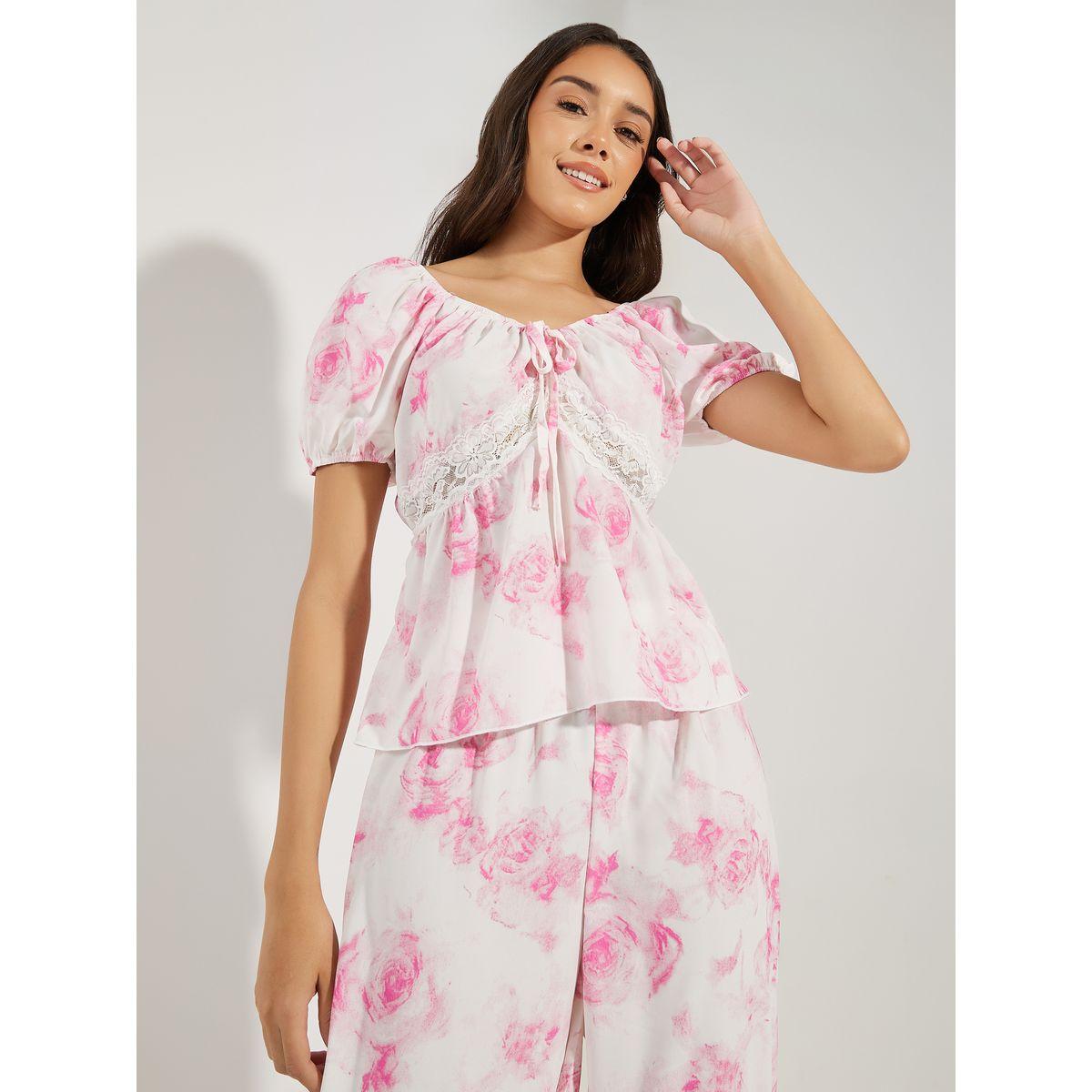 Styli Unwind Rosey Floral Lace Insert Gather Detail Top & Pyjama Set-women-clothing-nightwear-pyjamas-longsets-image-3