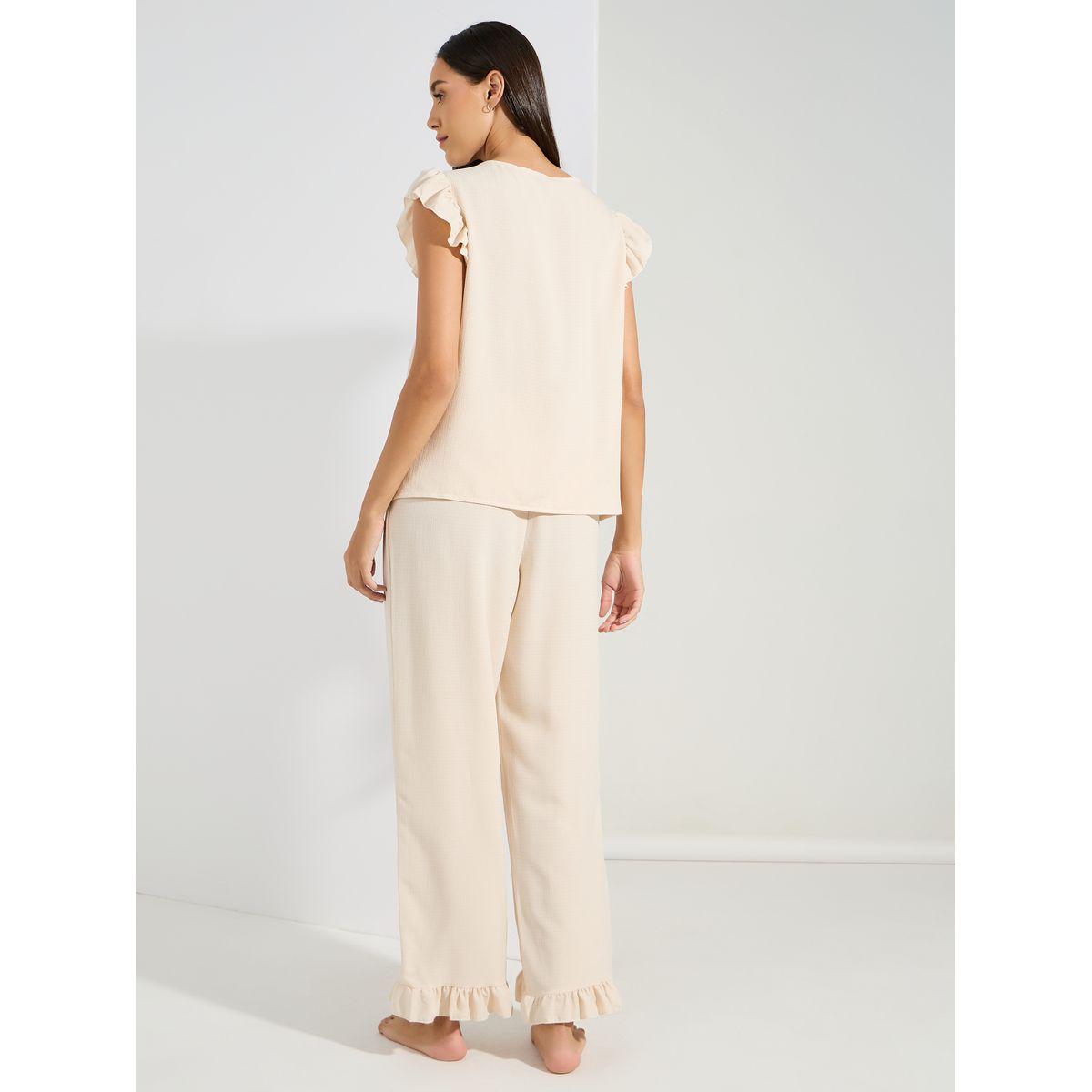 طقم من بنطال بيجاما مع بلوزة بتفاصيل دانتيل مع كشكش-women-clothing-nightwear-pyjamas-longsets-image-5
