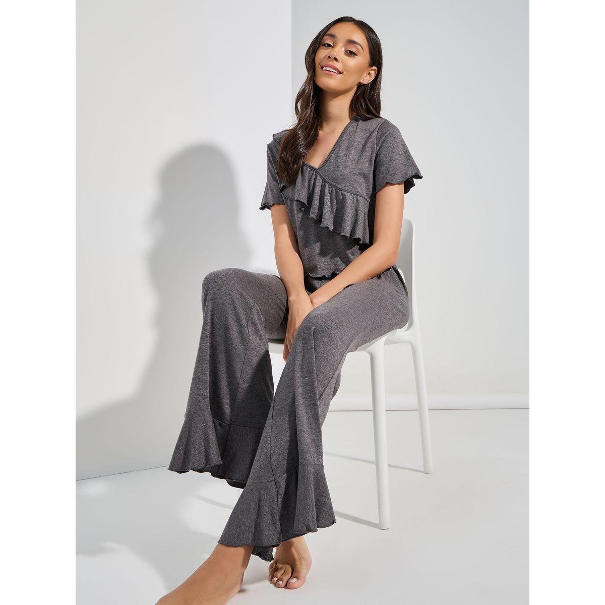 Styli Unwind Ruffled V Neck T-Shirt & Full Length Pyjama Set-women-clothing-nightwear-pyjamas-longsets-image-1