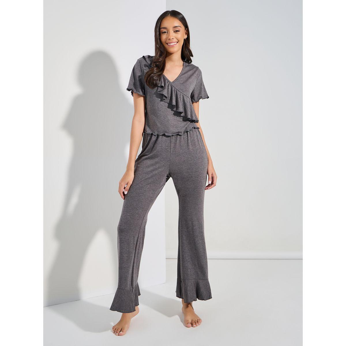 Styli Unwind Ruffled V Neck T-Shirt & Full Length Pyjama Set-women-clothing-nightwear-pyjamas-longsets-image-2