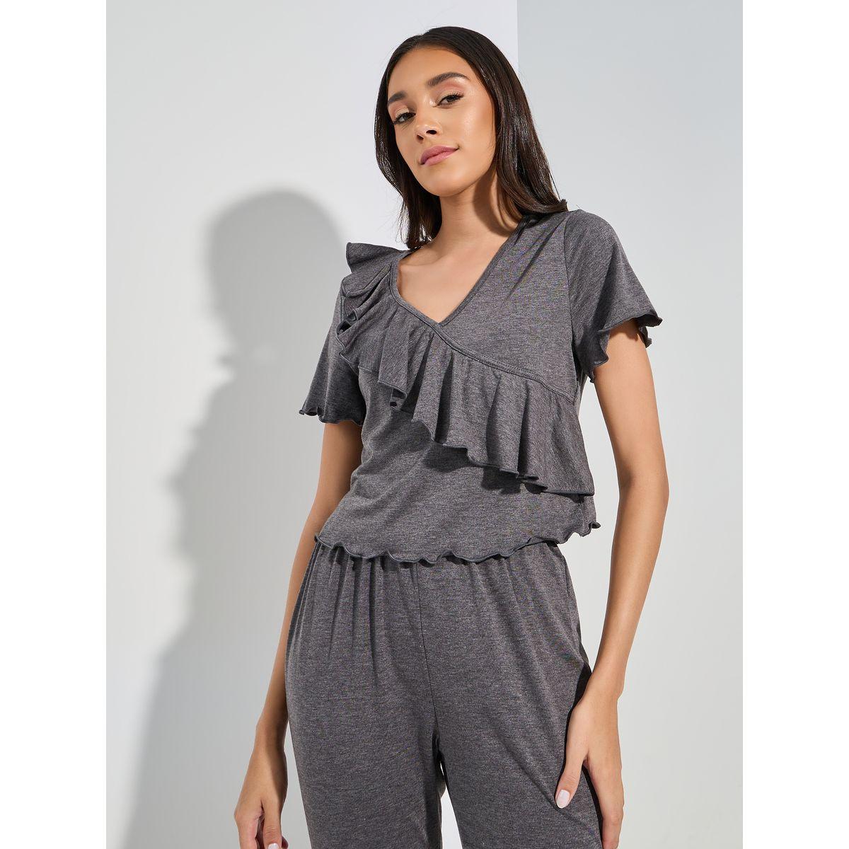 Styli Unwind Ruffled V Neck T-Shirt & Full Length Pyjama Set-women-clothing-nightwear-pyjamas-longsets-image-3
