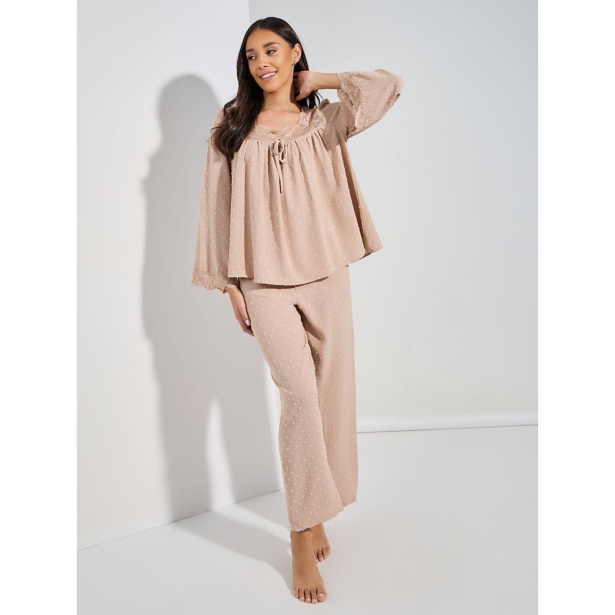 Styli Unwind Lace Trim Flounce Dobby Top & Straight Leg Pyjama Set-women-clothing-nightwear-pyjamas-longsets-image-1