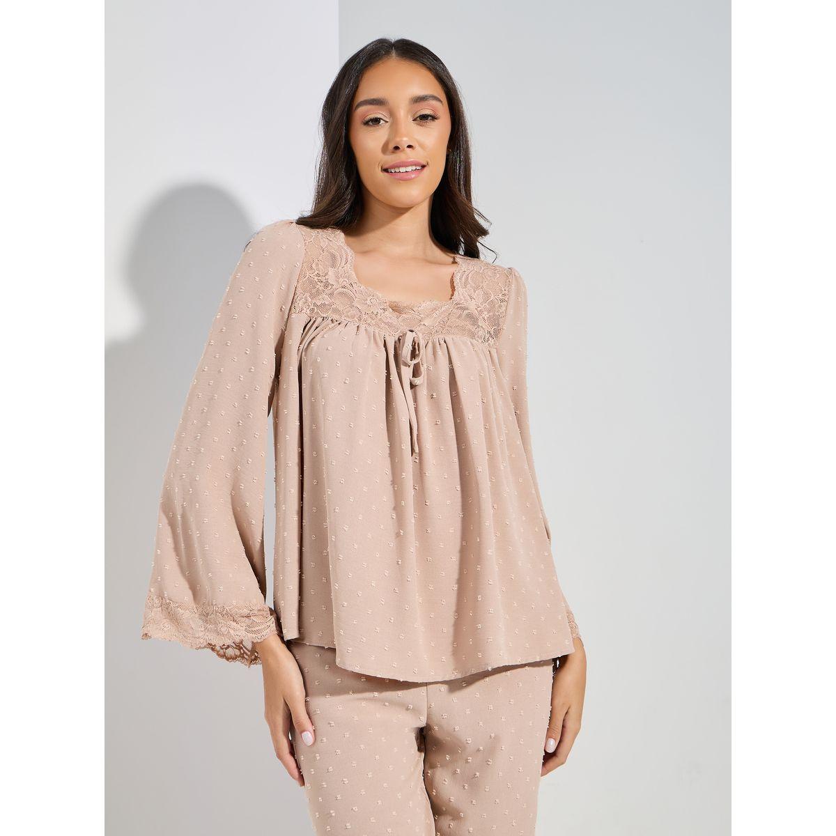 Styli Unwind Lace Trim Flounce Dobby Top & Straight Leg Pyjama Set-women-clothing-nightwear-pyjamas-longsets-image-2