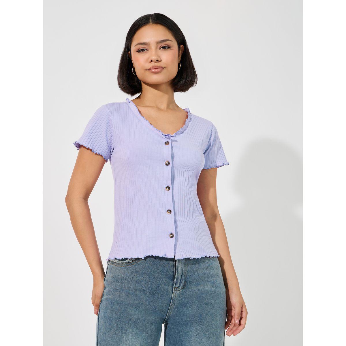 Styli Lettuce Edge Rib Knit Top with Button Detail-women-clothing-shirtsandblouses-blouses-image-1
