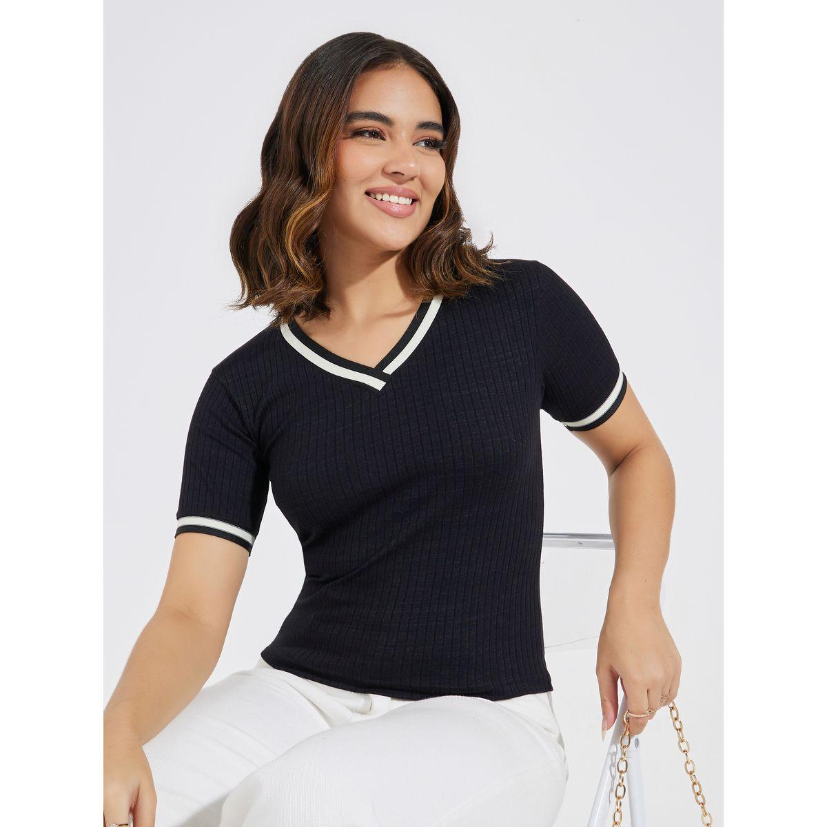 Styli Ribbed V Neck Knit Top with Striped Detail-women-clothing-shirtsandblouses-blouses-image-1