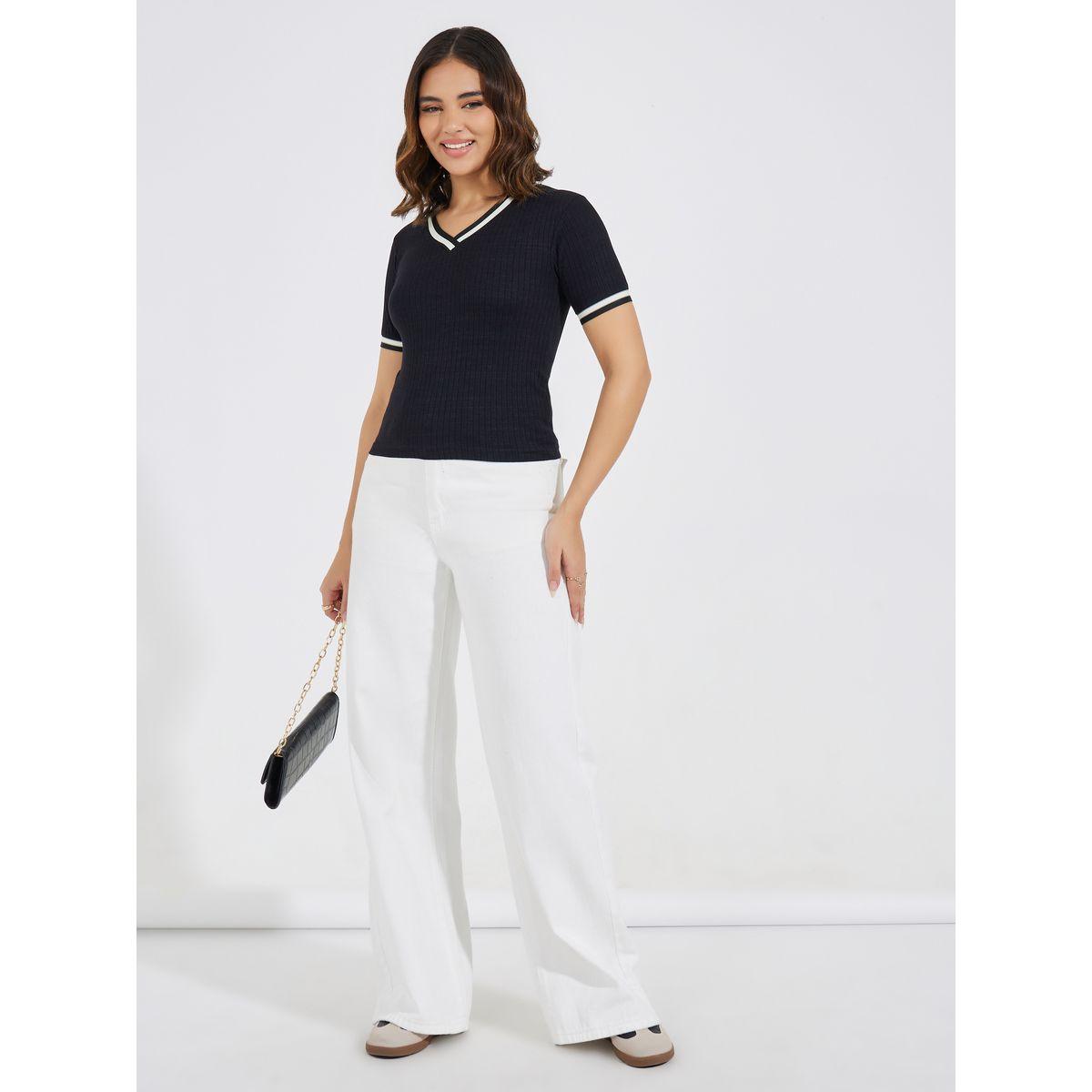 Styli Ribbed V Neck Knit Top with Striped Detail-women-clothing-shirtsandblouses-blouses-image-2