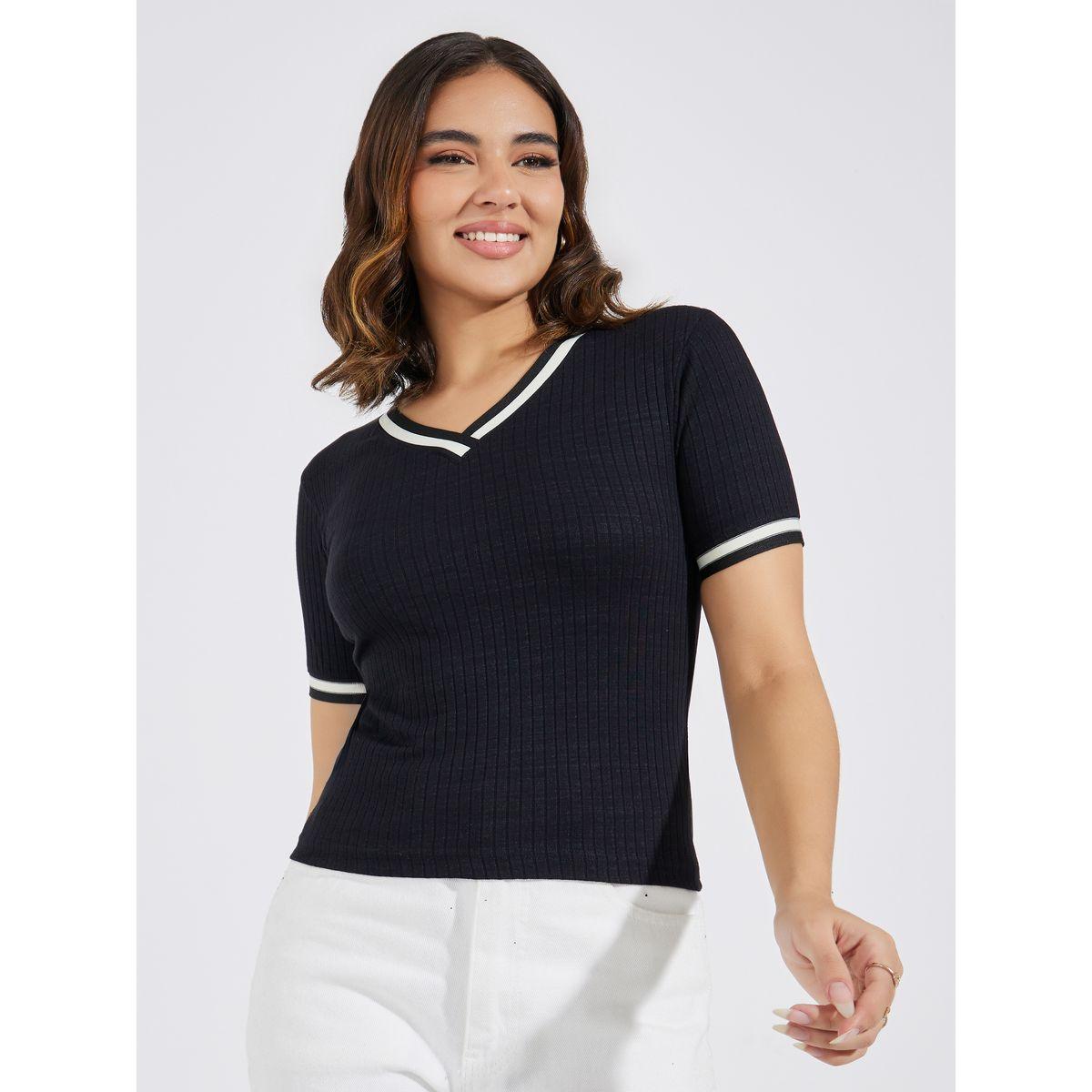 Styli Ribbed V Neck Knit Top with Striped Detail-women-clothing-shirtsandblouses-blouses-image-3