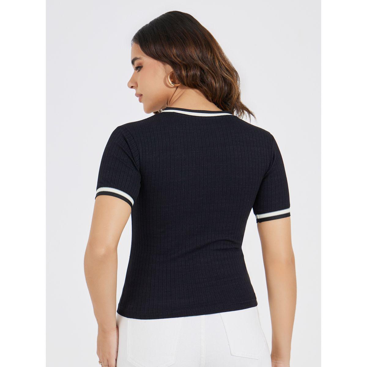 Styli Ribbed V Neck Knit Top with Striped Detail-women-clothing-shirtsandblouses-blouses-image-5