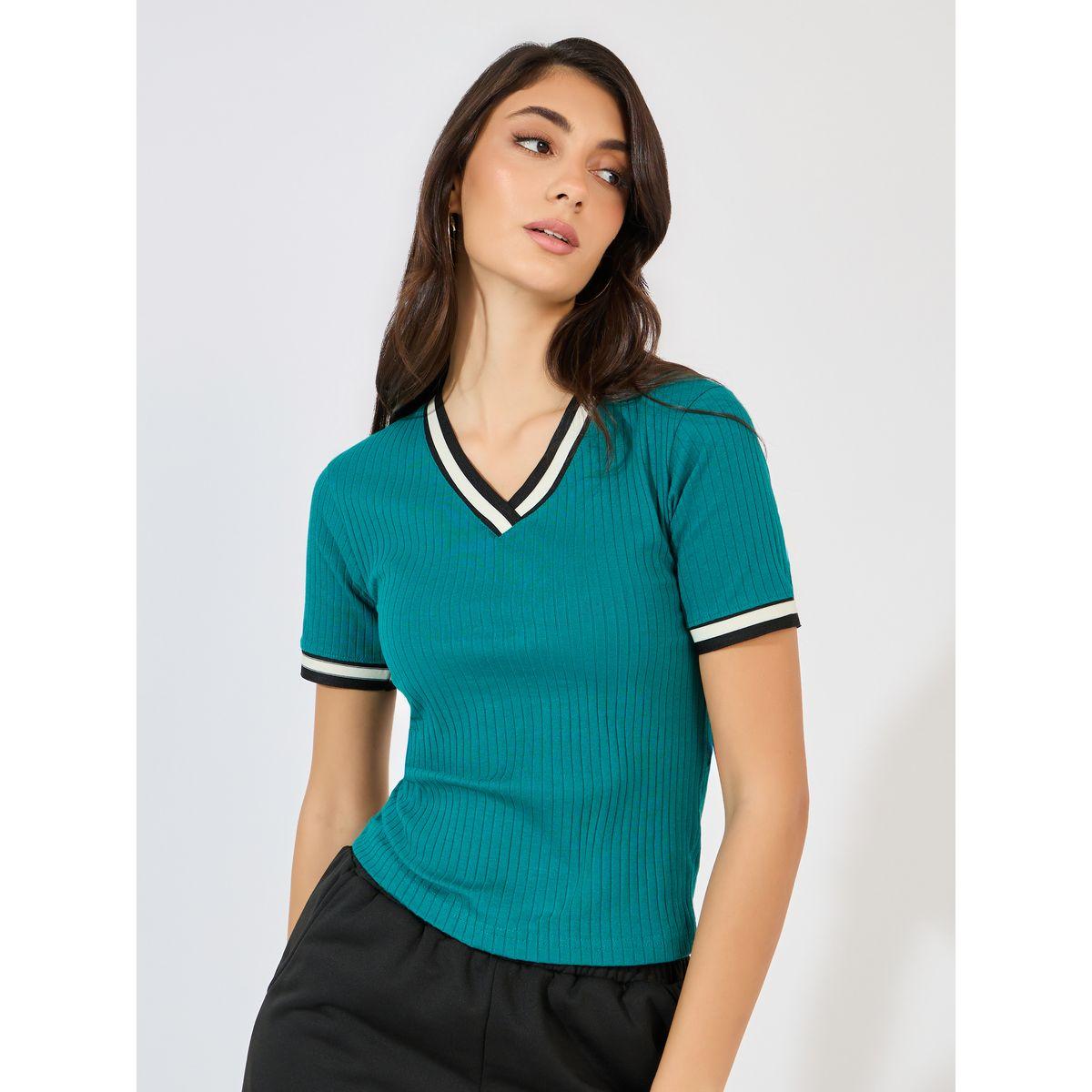 Styli Ribbed V Neck Knit Top with Striped Detail-women-clothing-shirtsandblouses-blouses-image-1