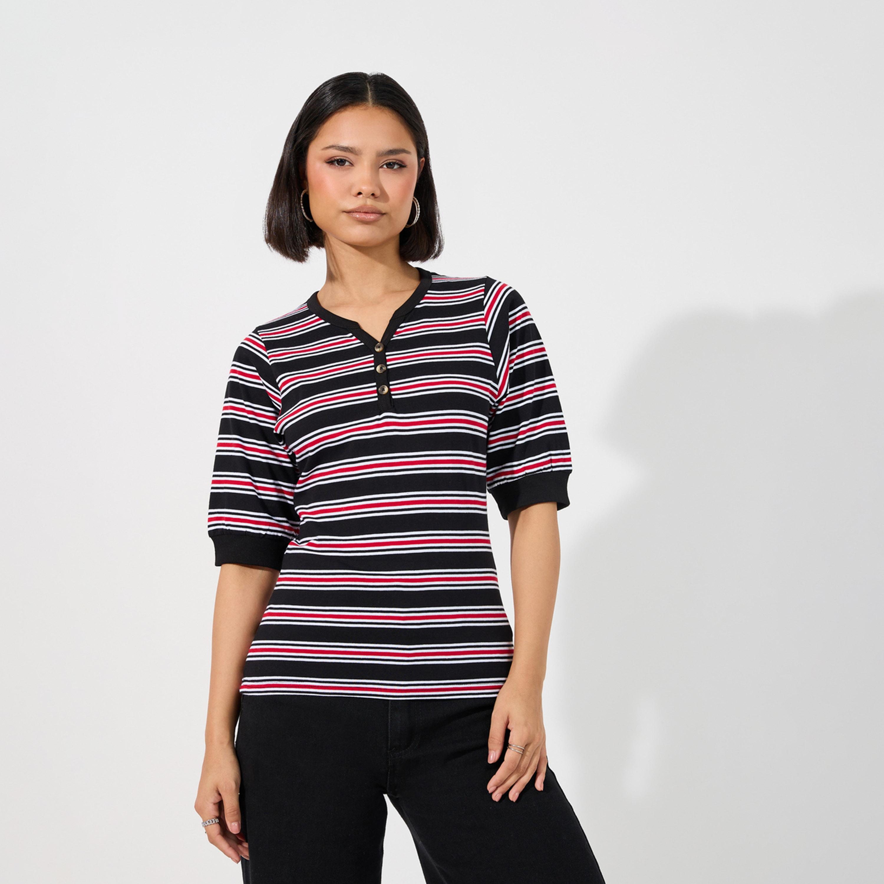 Styli Striped V Neck Knit Top with Half Button Placket-women-clothing-tshirts-image-1