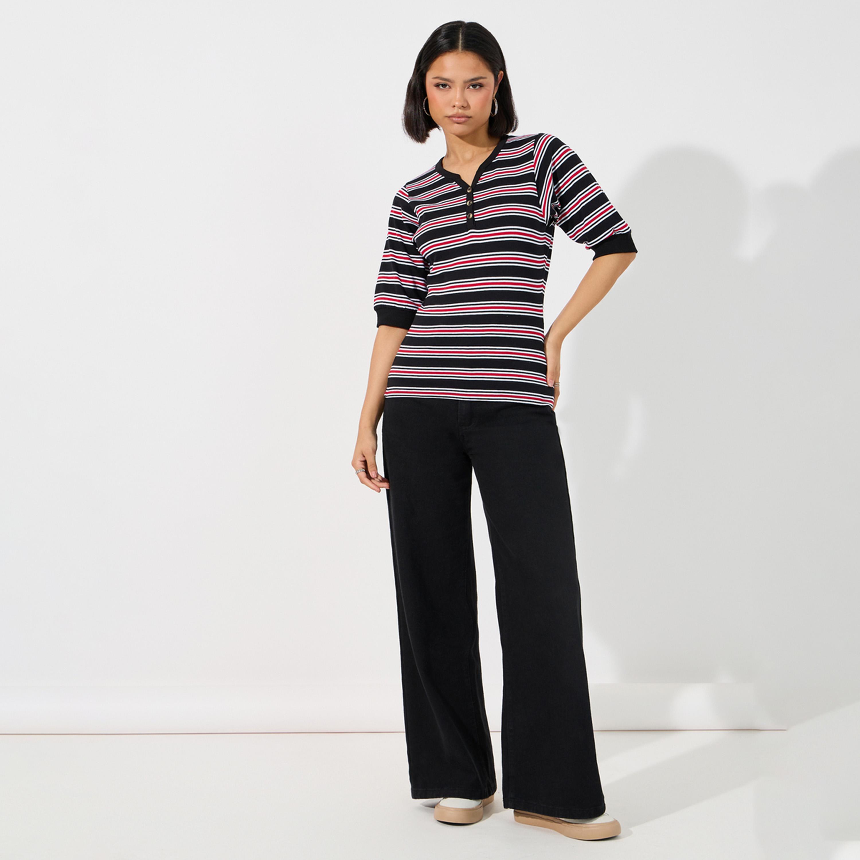 Styli Striped V Neck Knit Top with Half Button Placket-women-clothing-tshirts-image-2