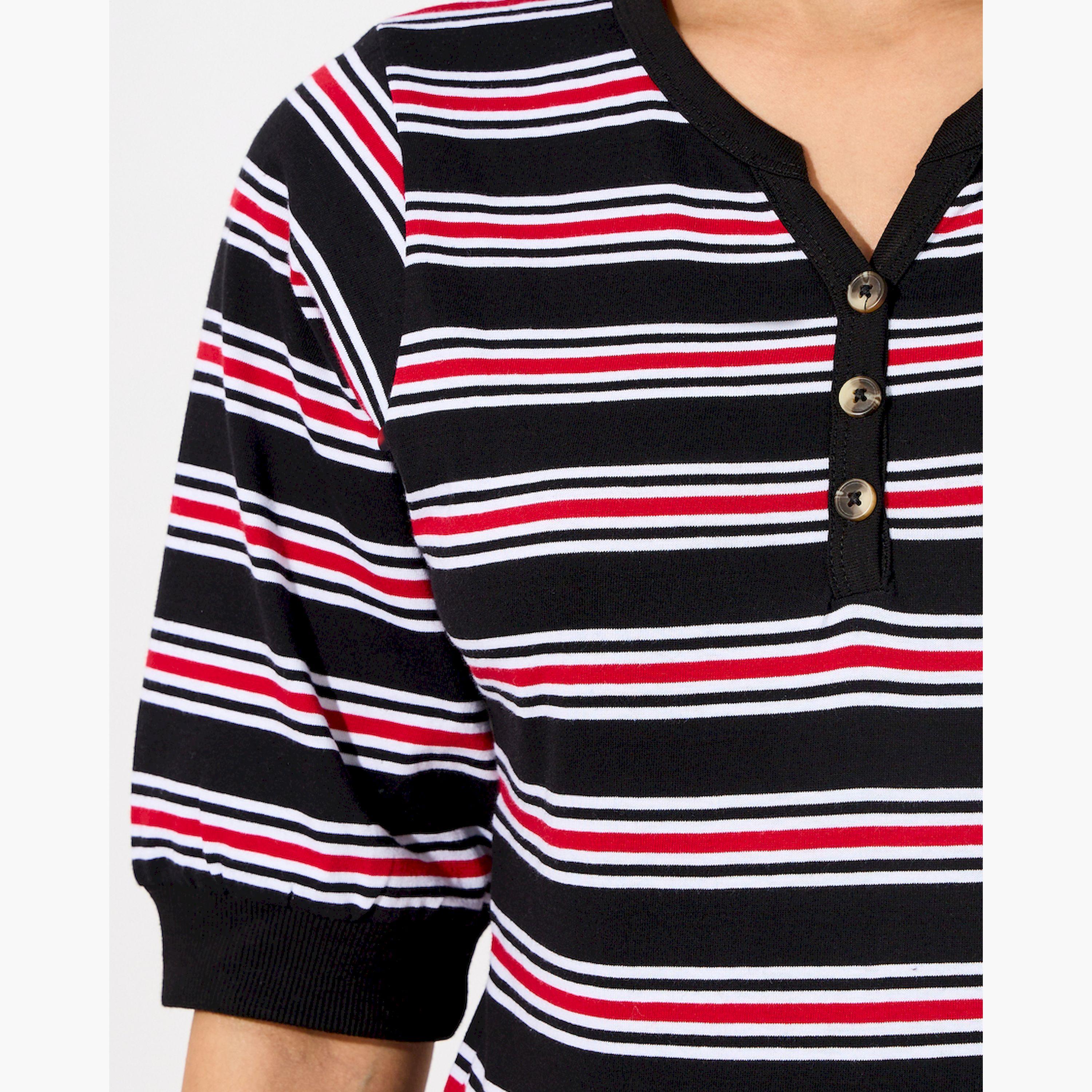 Styli Striped V Neck Knit Top with Half Button Placket-women-clothing-tshirts-image-3