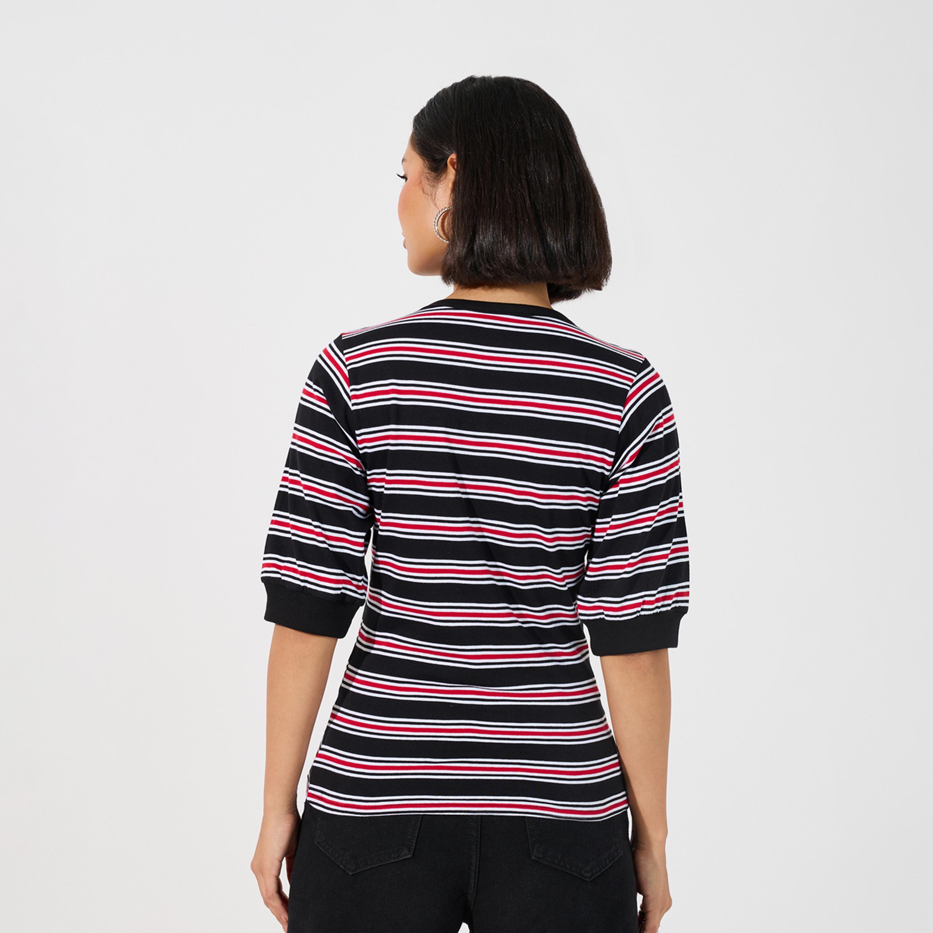 Styli Striped V Neck Knit Top with Half Button Placket-women-clothing-tshirts-image-4