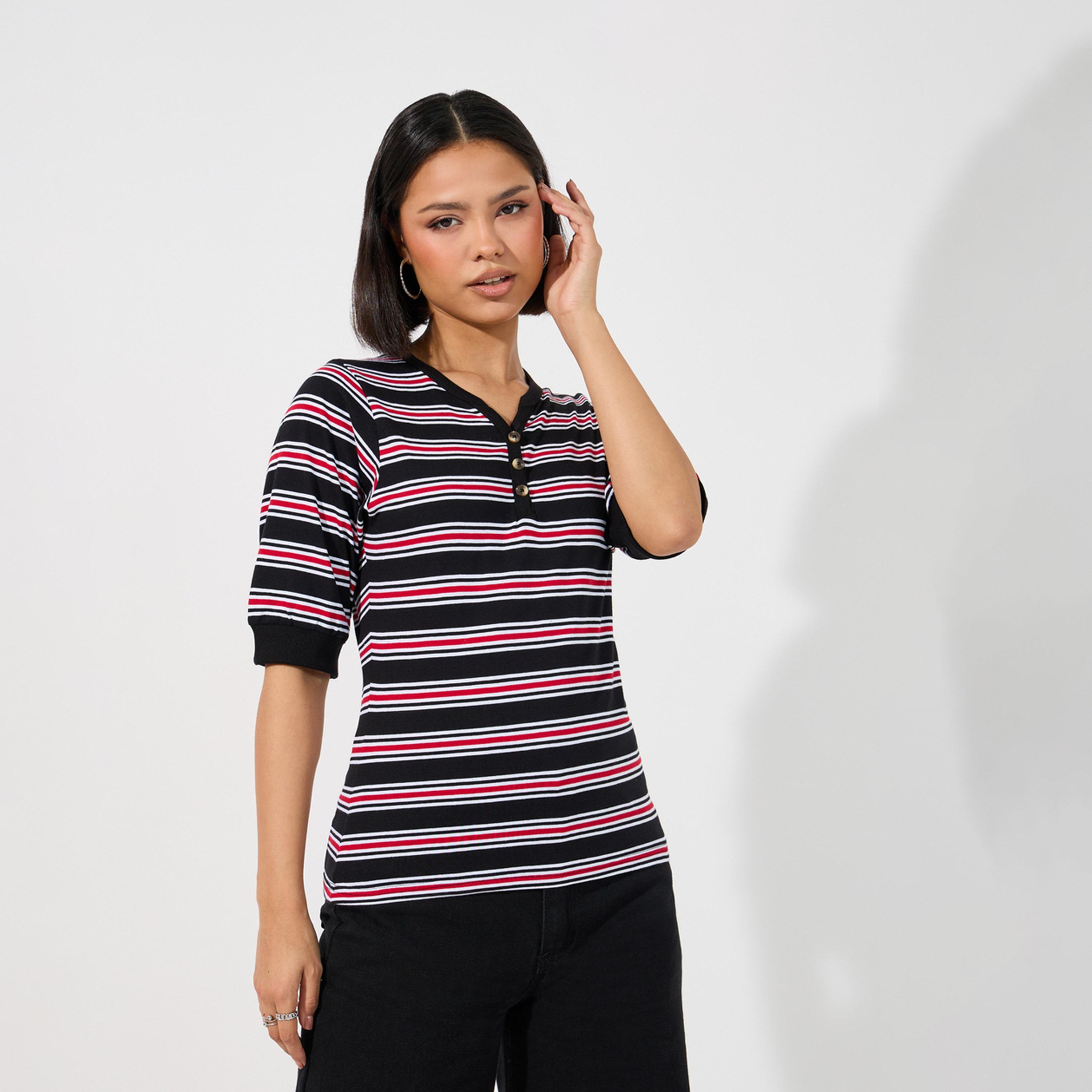 Styli Striped V Neck Knit Top with Half Button Placket-women-clothing-tshirts-image-5