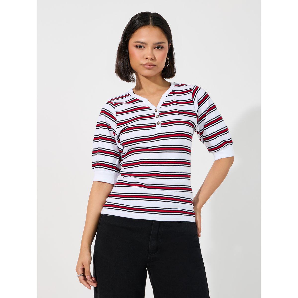 Styli Striped Placket Button V Neck T-Shirt-women-clothing-tshirts-image-1