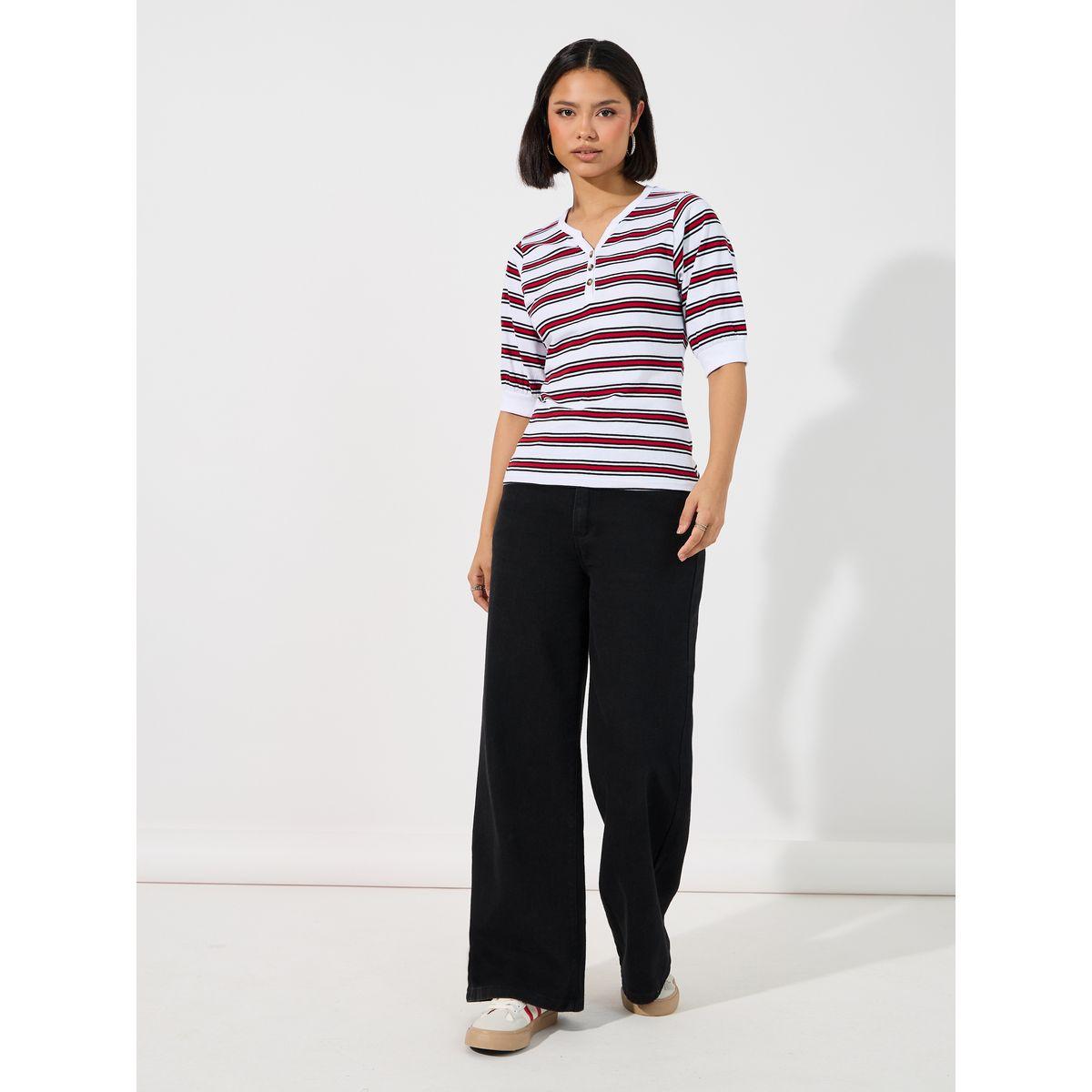 Styli Striped Placket Button V Neck T-Shirt-women-clothing-tshirts-image-2