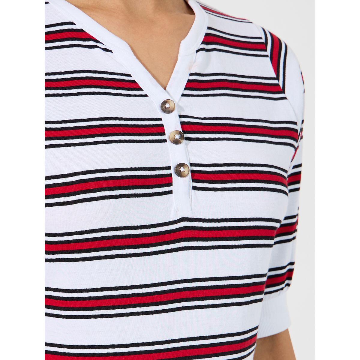 Styli Striped Placket Button V Neck T-Shirt-women-clothing-tshirts-image-3