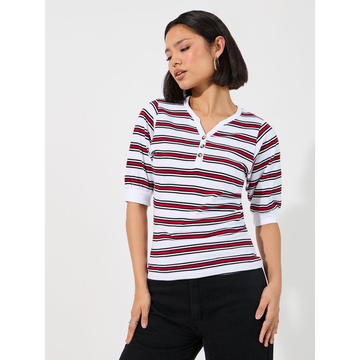 Styli Striped Placket Button V Neck T-Shirt-women-clothing-tshirts-image-4