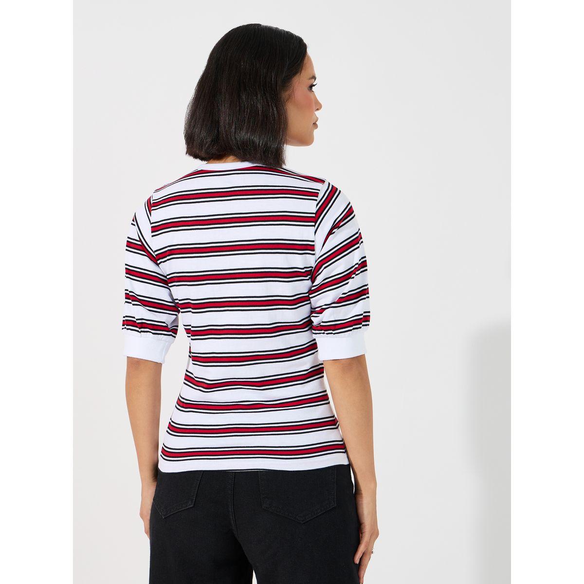 Styli Striped Placket Button V Neck T-Shirt-women-clothing-tshirts-image-5