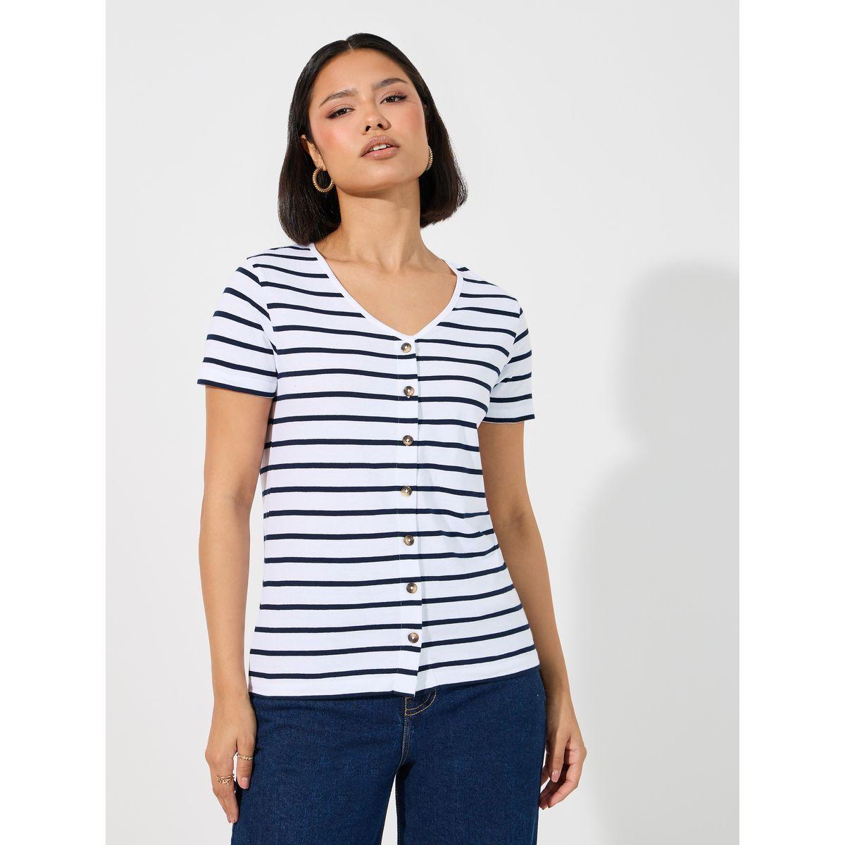 Styli Striped Knit Top with Button Placket-women-clothing-shirtsandblouses-blouses-image-1