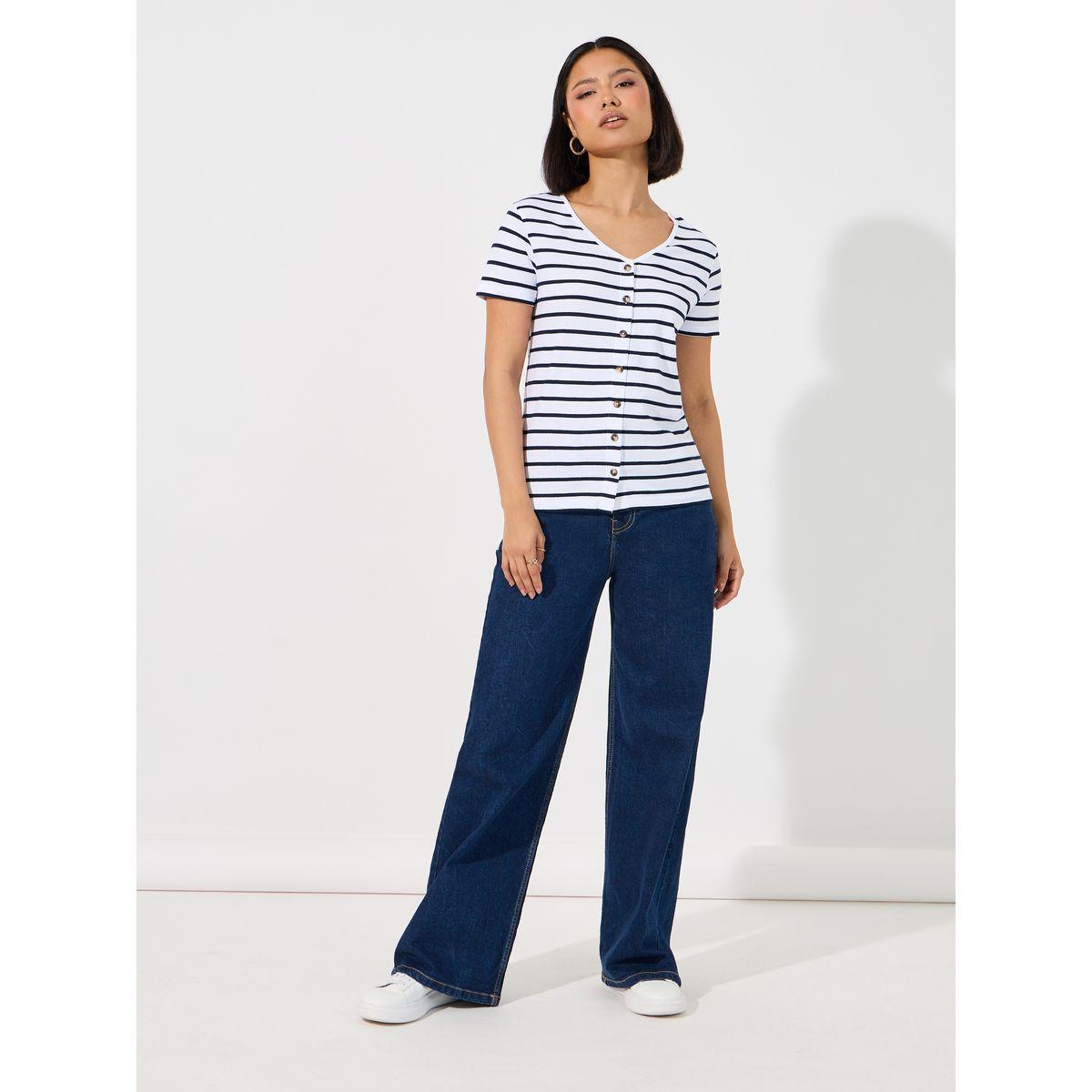Styli Striped Knit Top with Button Placket-women-clothing-shirtsandblouses-blouses-image-2