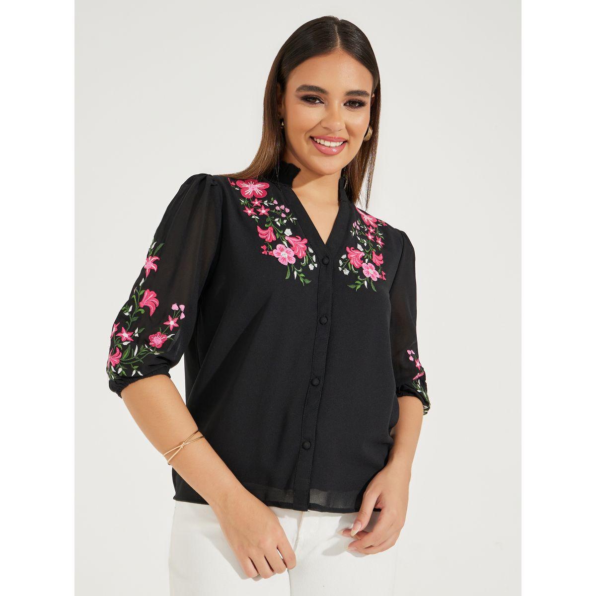 بلوزة مُطرّزة بزهور مع ياقة بشق وازرار-women-clothing-shirtsandblouses-blouses-image-1