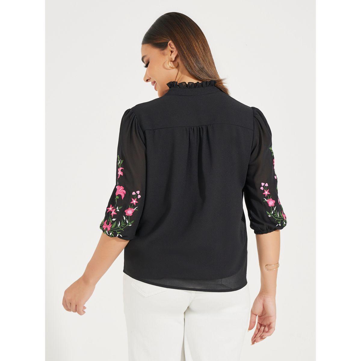 Styli Embroidery Detail Notch Neck Buttoned Blouse-women-clothing-shirtsandblouses-blouses-image-4