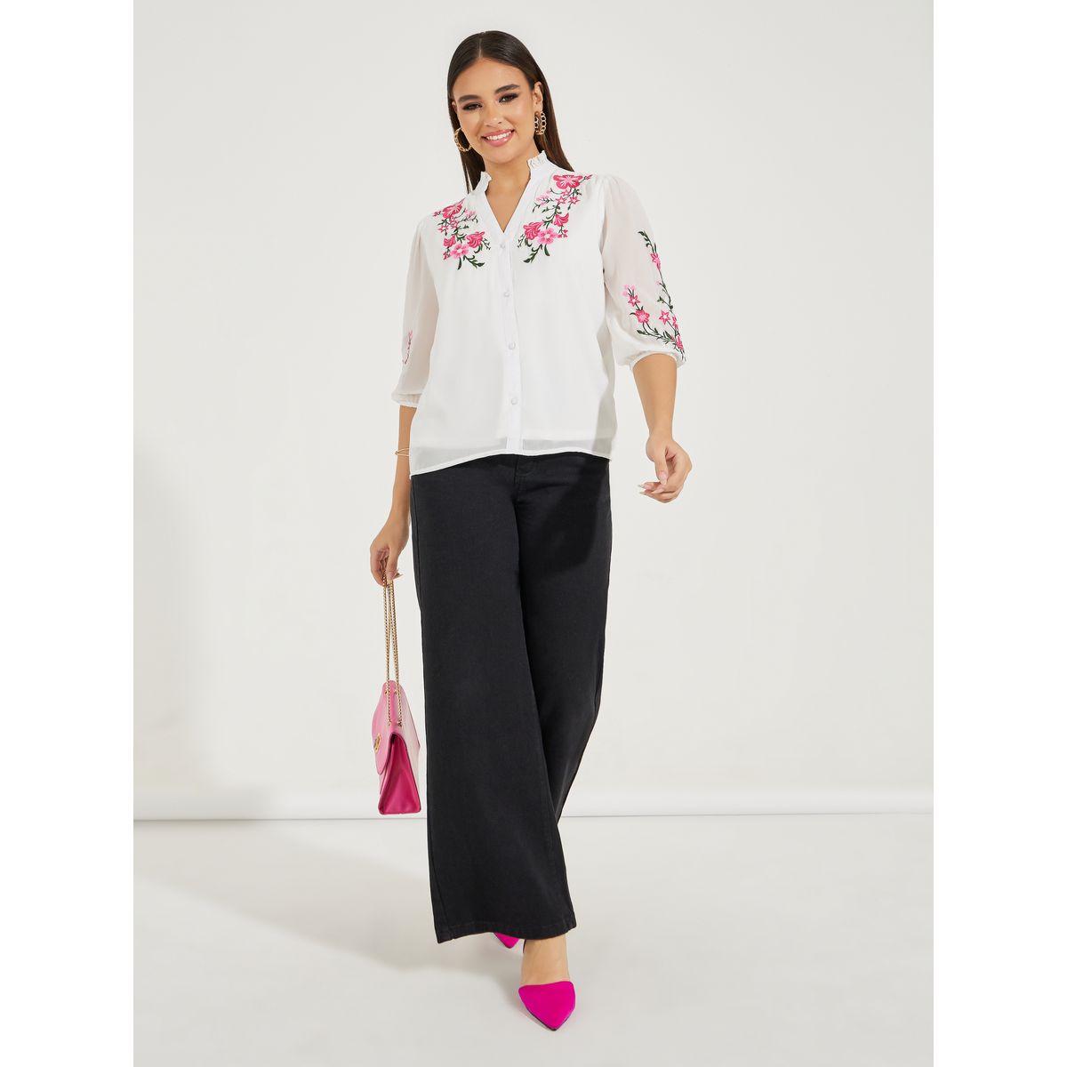 Styli Embroidery Detail Notch Neck Buttoned Blouse-women-clothing-shirtsandblouses-blouses-image-2