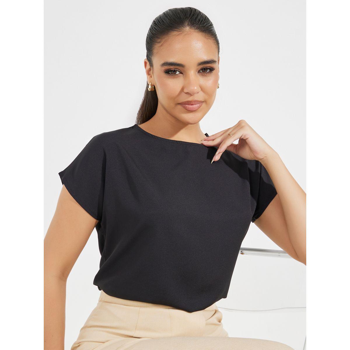 Styli Solid Round Neck Extended Sleeve Top-women-clothing-shirtsandblouses-blouses-image-1