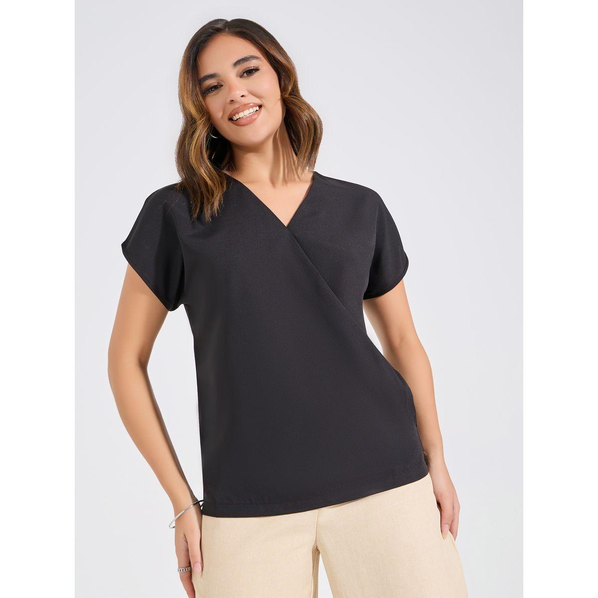 Styli Solid Mock Wrap Top with Short Sleeve-women-clothing-shirtsandblouses-blouses-image-1