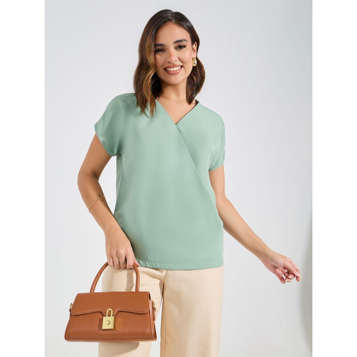 Styli Solid Mock Wrap Top with Short Sleeves-women-clothing-shirtsandblouses-blouses-image-1