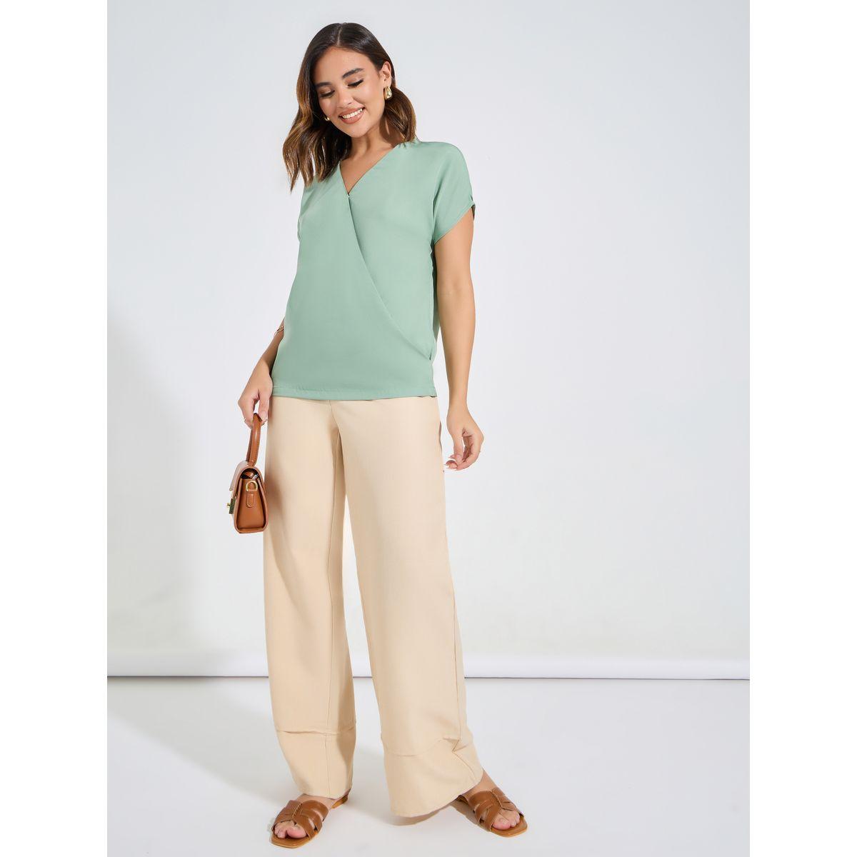 Styli Solid Mock Wrap Top with Short Sleeves-women-clothing-shirtsandblouses-blouses-image-2