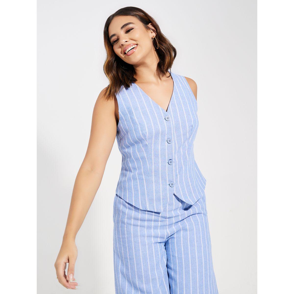 Styli Woven Striped Sleeveless Waistcoat-women-clothing-coatsandjackets-waistcoats-image-1