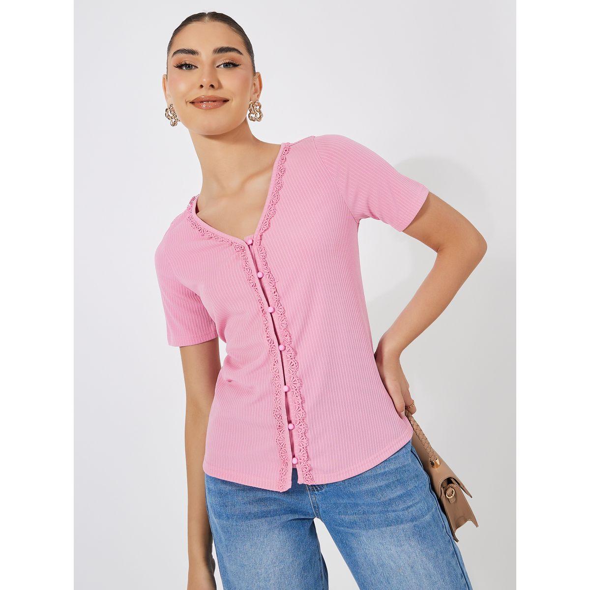 Styli Rib Knit Lace Detail V Neck Top-women-clothing-shirtsandblouses-blouses-image-1