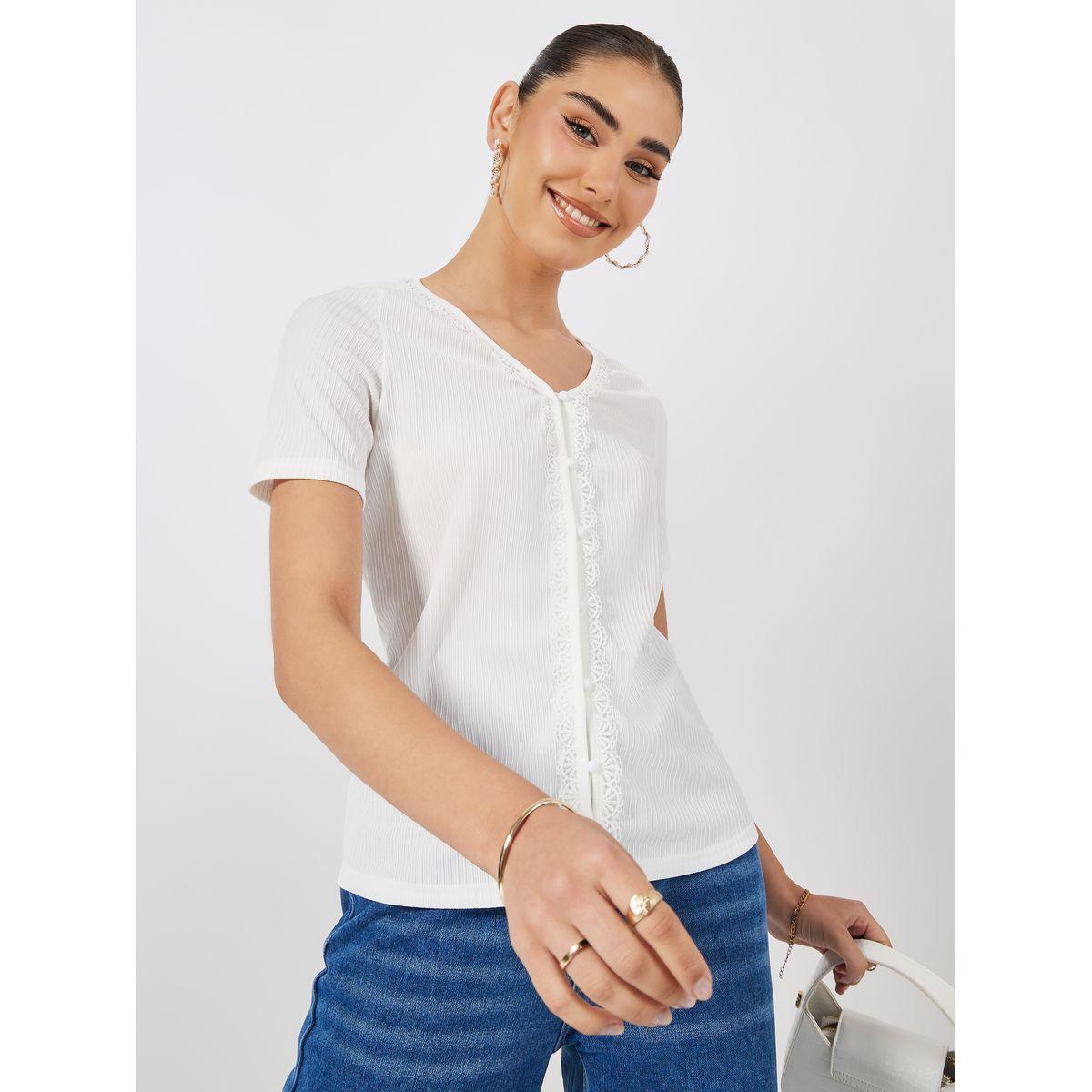 Styli Rib Knit Lace Detail V Neck Top-women-clothing-shirtsandblouses-blouses-image-1