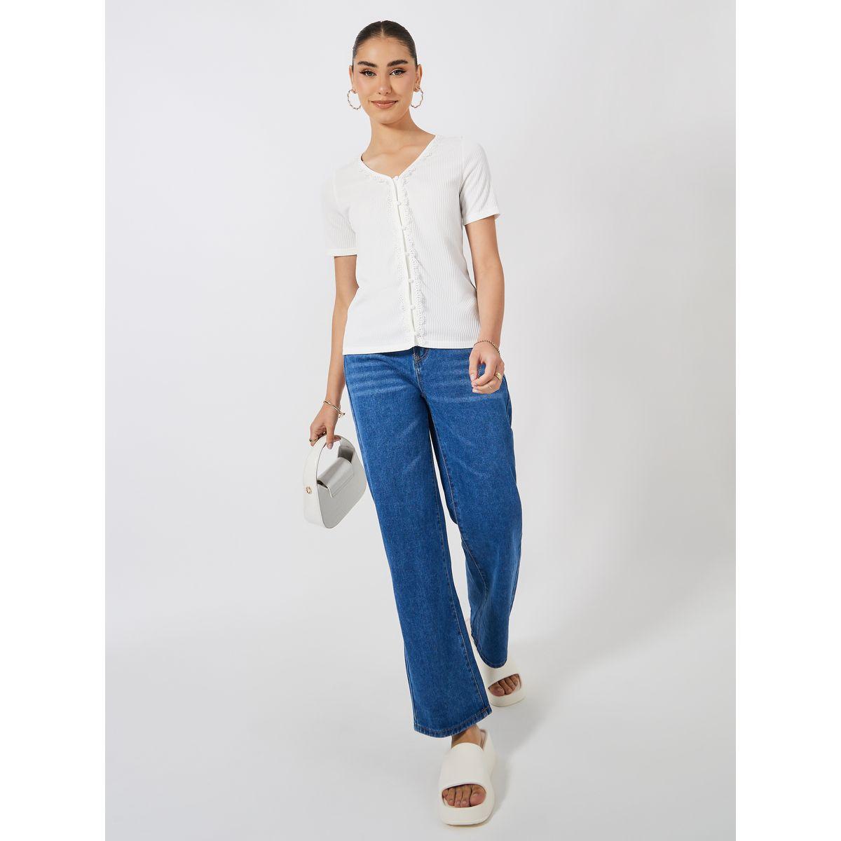 Styli Rib Knit Lace Detail V Neck Top-women-clothing-shirtsandblouses-blouses-image-2