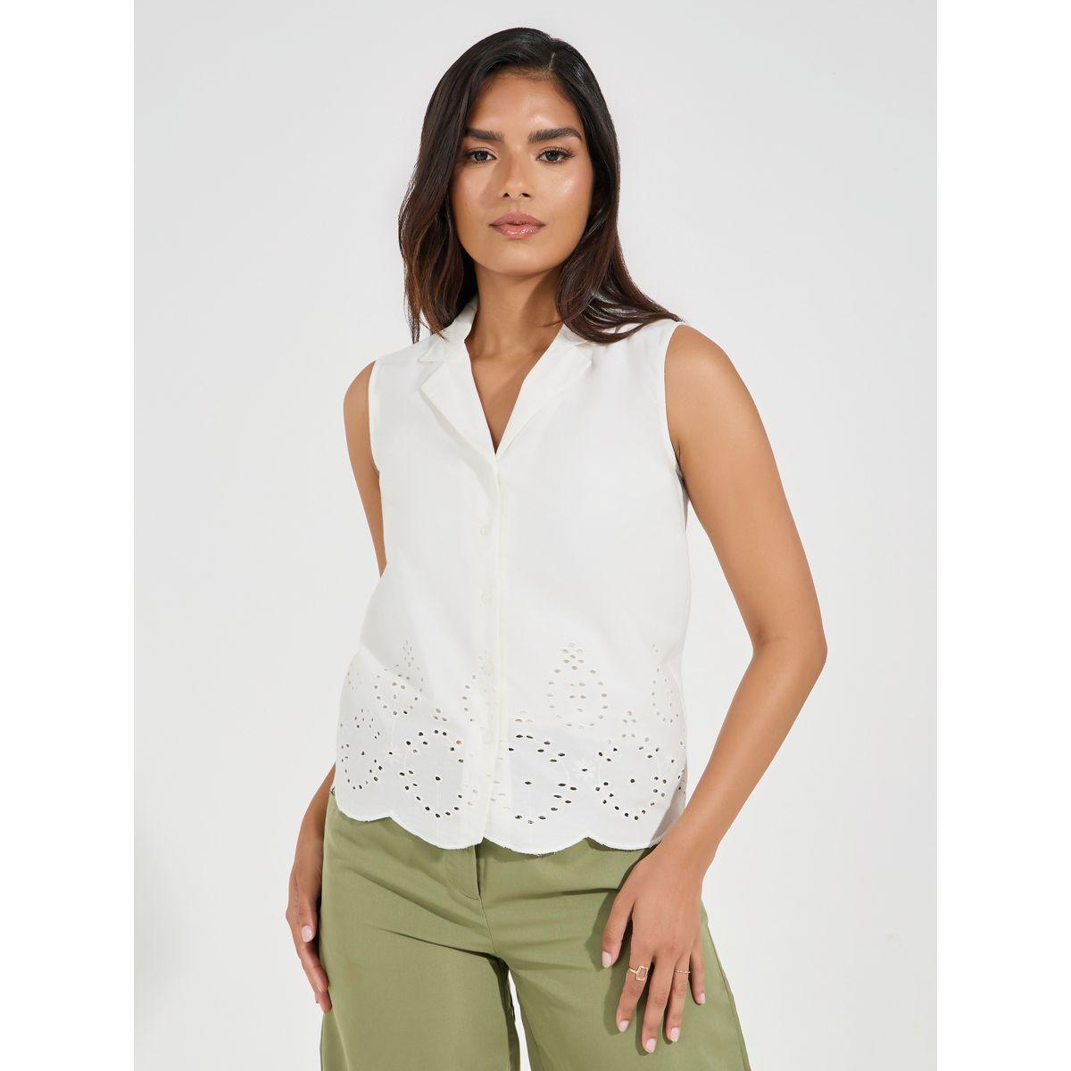 Styli Notch Collared Schiffli Border Sleeveless Shirt-women-clothing-shirtsandblouses-shirts-image-1
