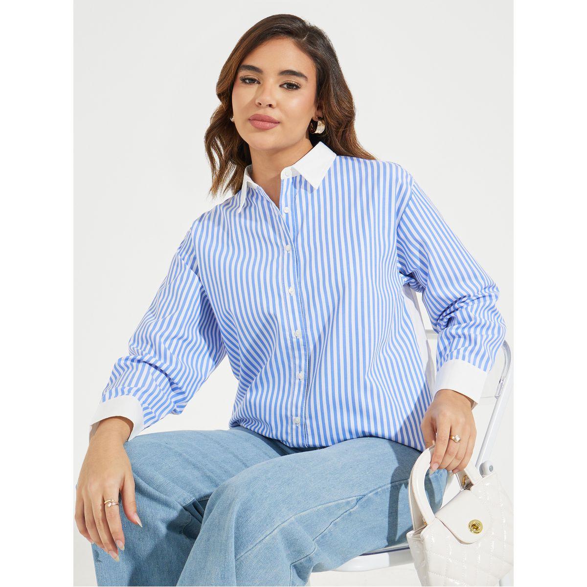 بلوزة مخططة فضفاضة مع ازرار-women-clothing-shirtsandblouses-shirts-image-5