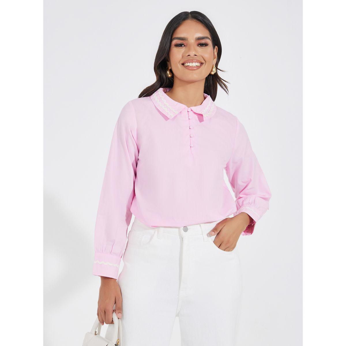 Styli Contrast Trim Detail Shirt with Half Placket-women-clothing-shirtsandblouses-shirts-image-1