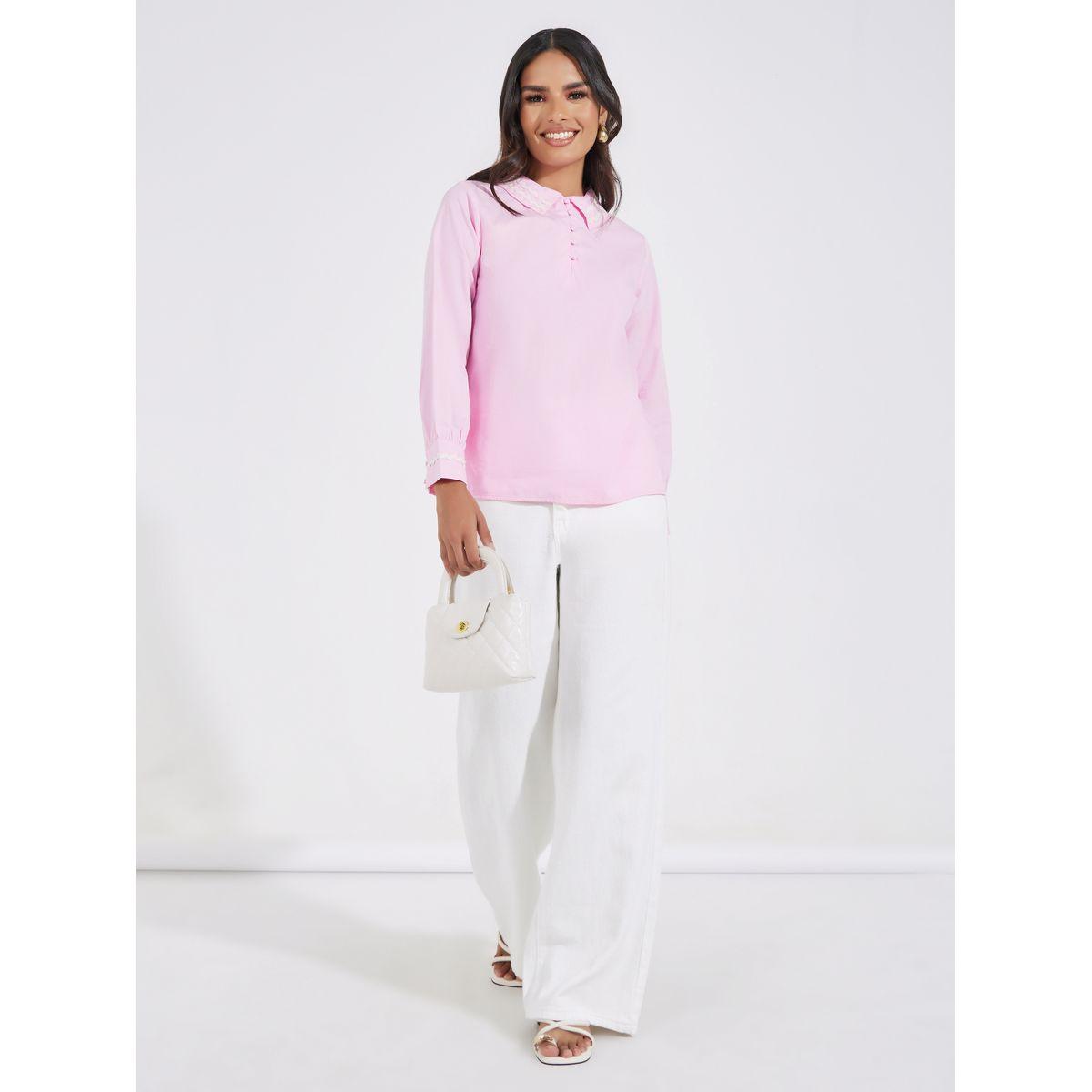 Styli Contrast Trim Detail Shirt with Half Placket-women-clothing-shirtsandblouses-shirts-image-2