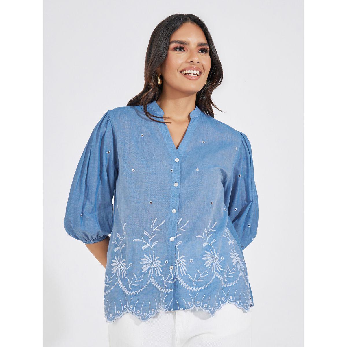 Styli Schiffli Embroidered Top with Cuffed Sleeves-women-clothing-shirtsandblouses-blouses-image-1