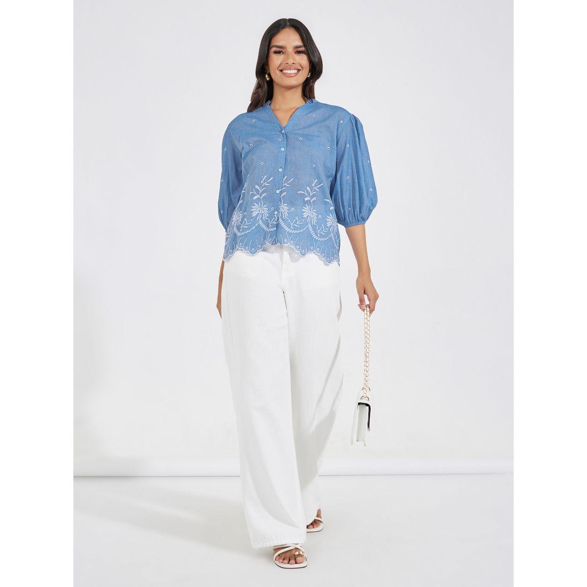 Styli Schiffli Embroidered Top with Cuffed Sleeves-women-clothing-shirtsandblouses-blouses-image-2