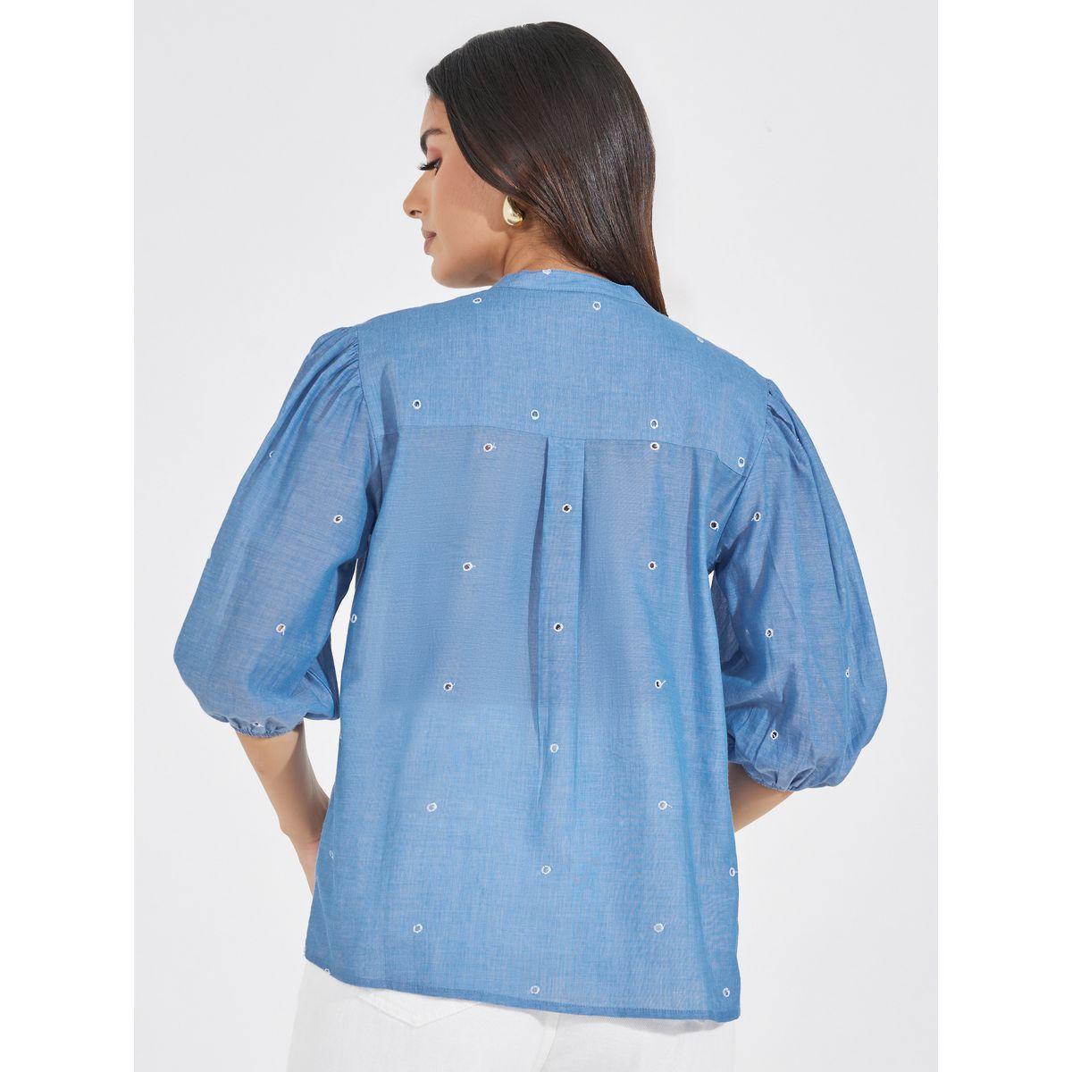 Styli Schiffli Embroidered Top with Cuffed Sleeves-women-clothing-shirtsandblouses-blouses-image-4