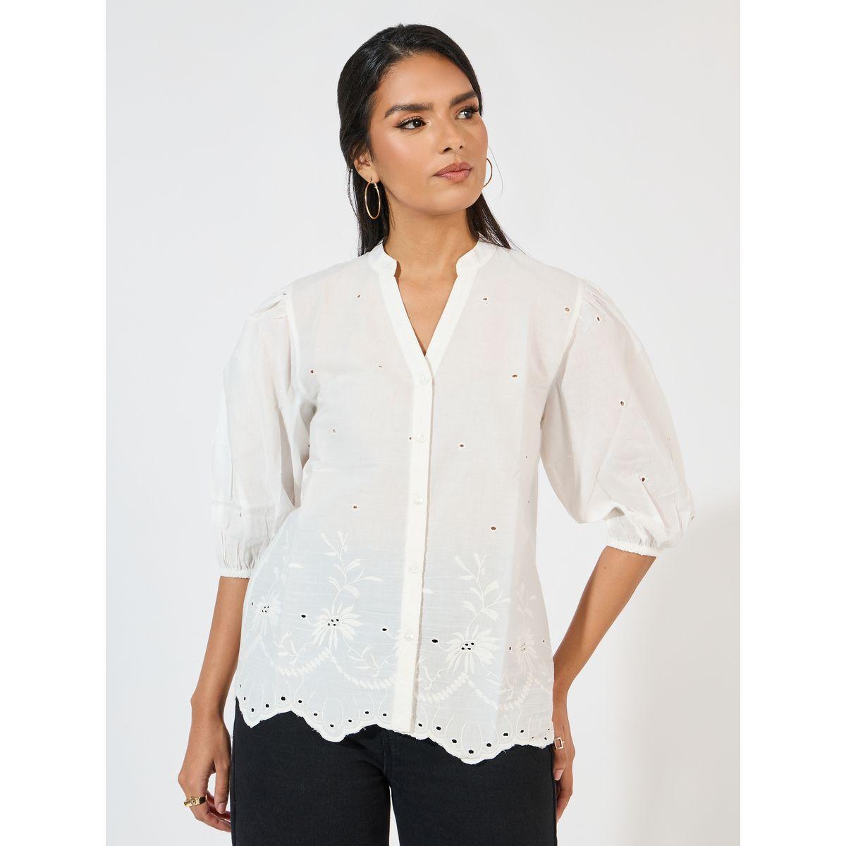 Styli Schiffli Embroidered Top with Cuffed Sleeves-women-clothing-shirtsandblouses-blouses-image-1