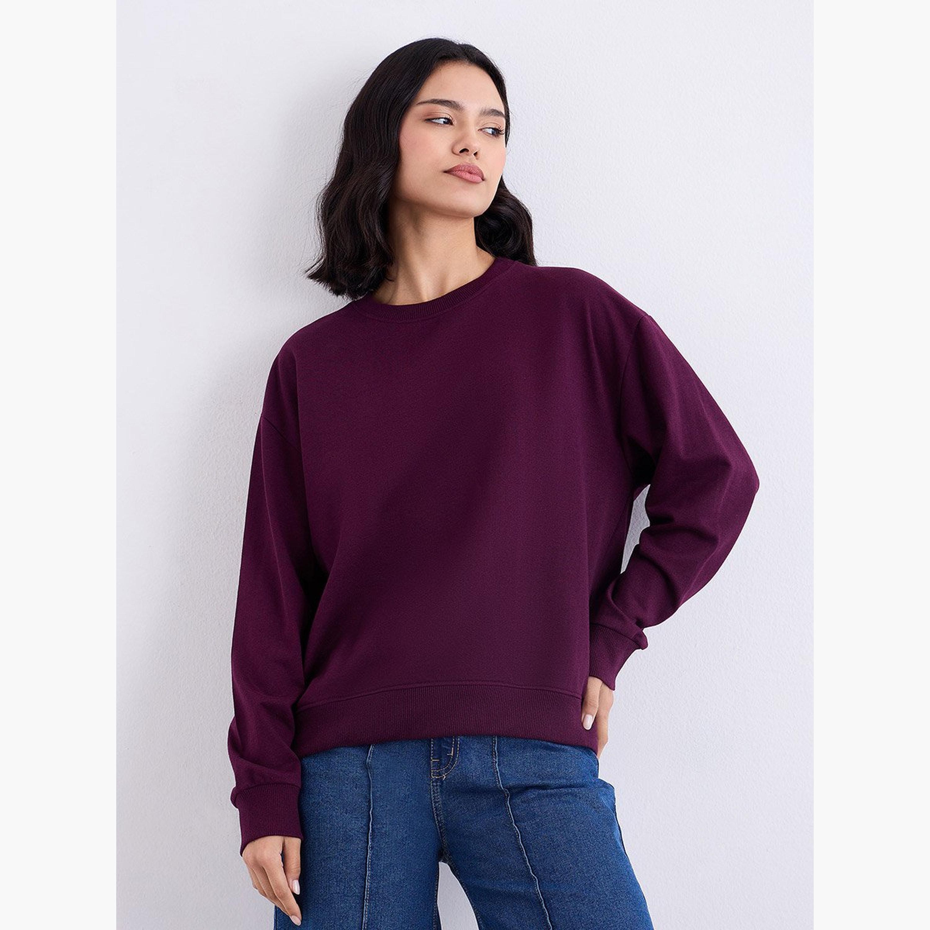 Styli Solid Round Neck Long Sleeves Women's Sweatshirt-women-clothing-hoodiesandsweatshirts-sweatshirts-image-1