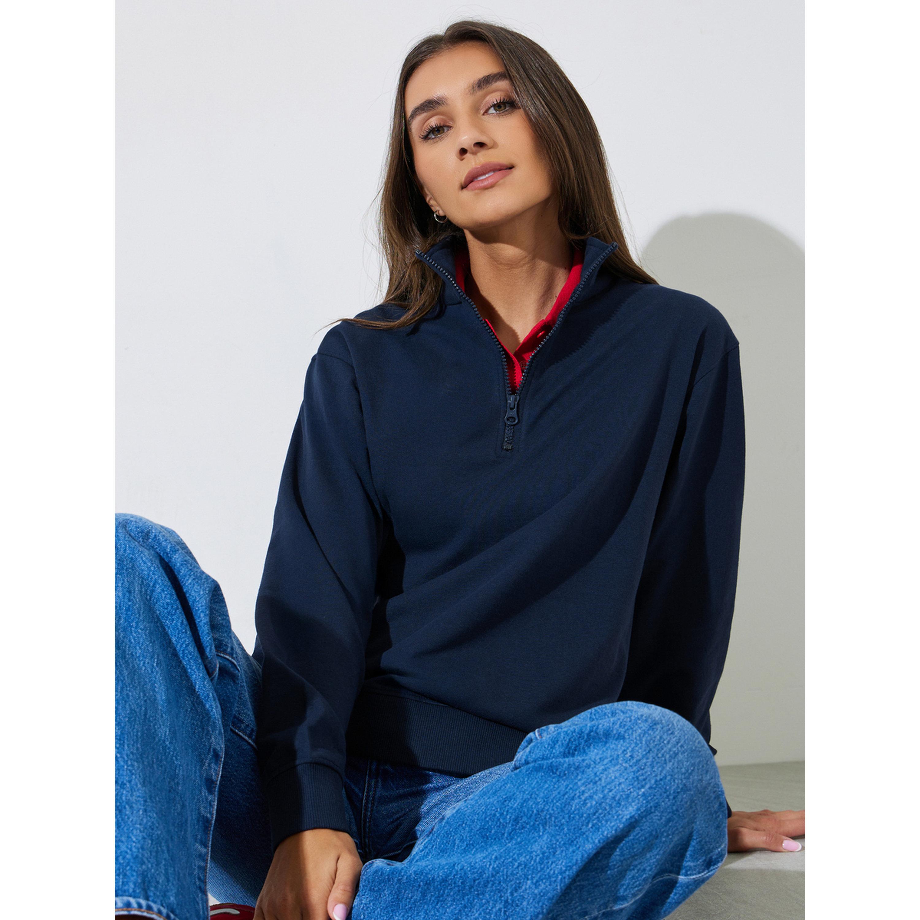 Styli Navy Blue Solid Regular Fit Half Zip Sweatshirt-women-clothing-hoodiesandsweatshirts-sweatshirts-image-3